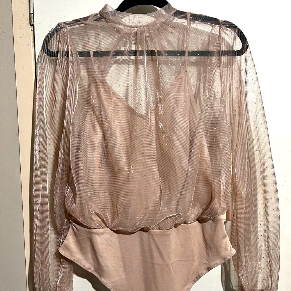 Blāshe Long Sleeve Sheer Bodysuit Blush/Rose Pink L